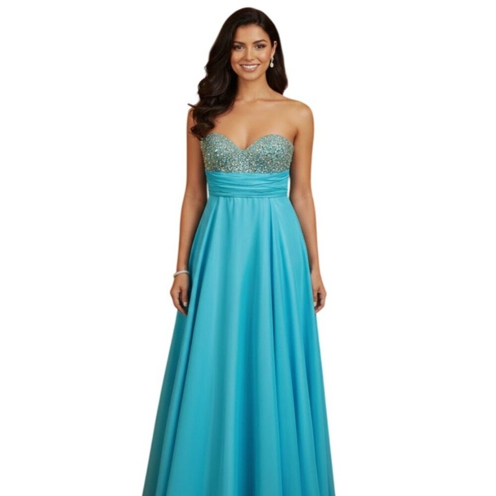 Glow Turquoise Strapless Gown 2 Rhinestone Flowy Chiffon Prom Fairycore Pageant